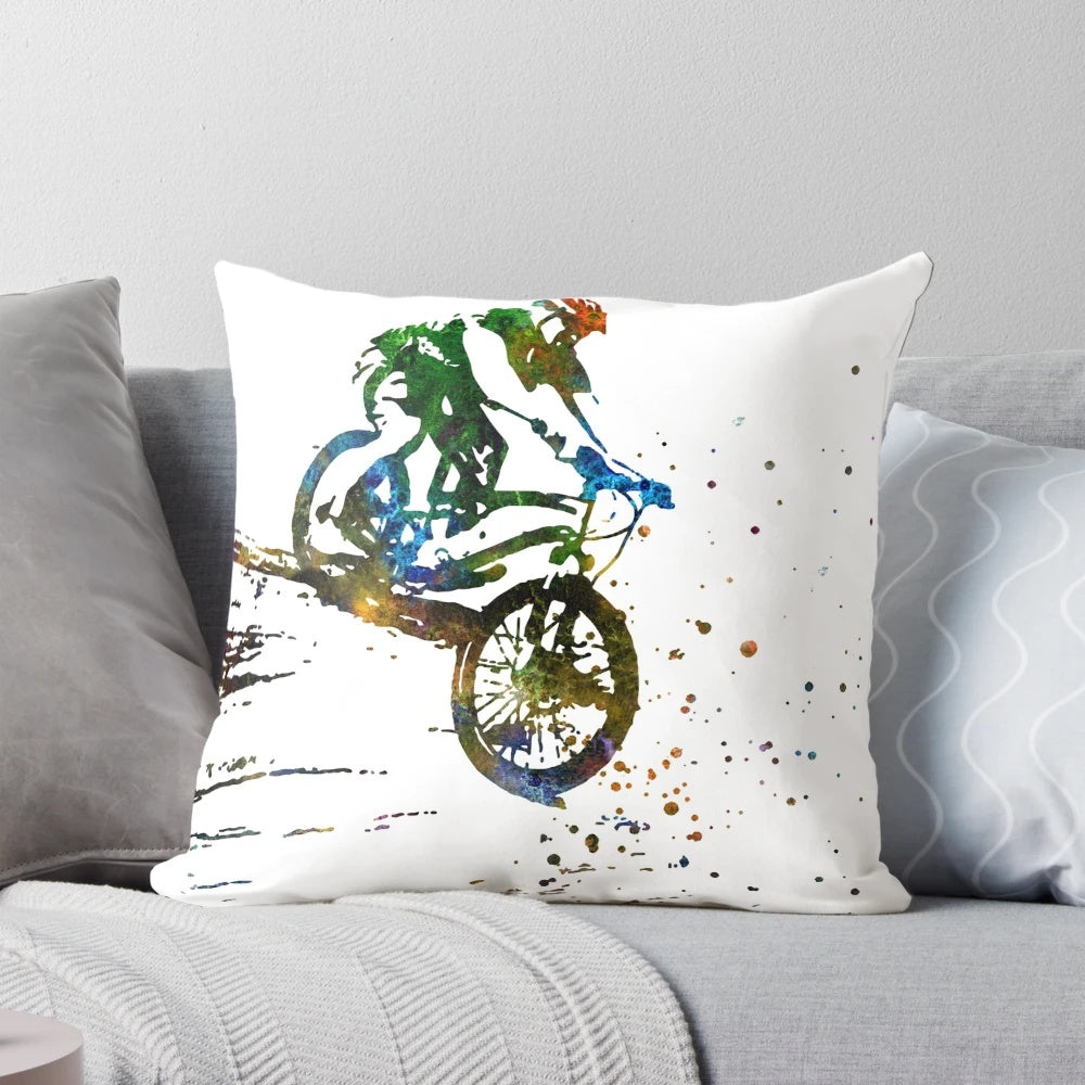Watercolor painting of a mountain biker riding on a trail in the mountains