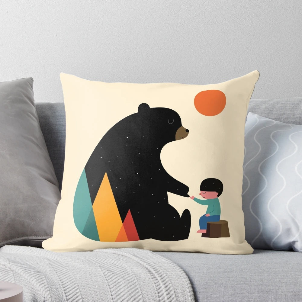 Soft and cozy pillow featuring a nature-inspired bear and mountain landscape design