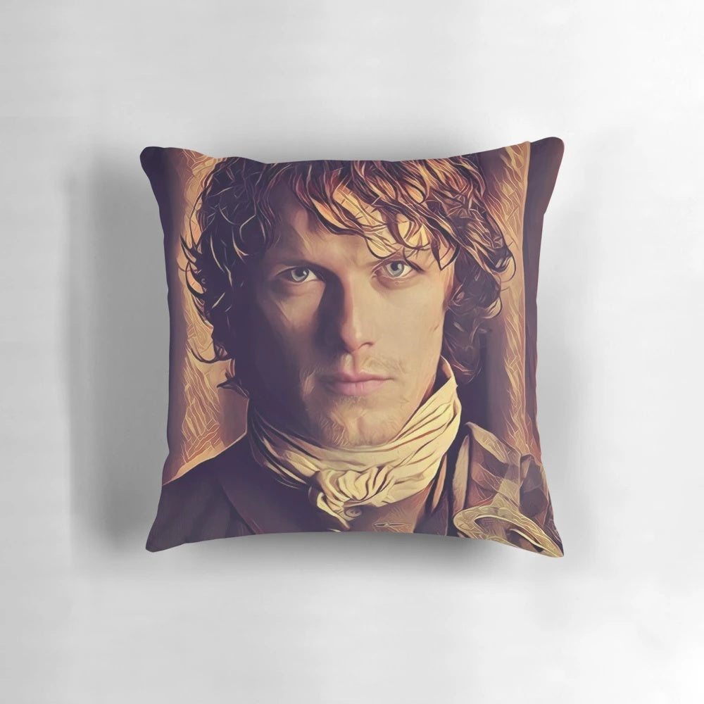 Outlander-themed throw pillow featuring a portrait of Jamie Fraser, the iconic character from the Starz TV series.
