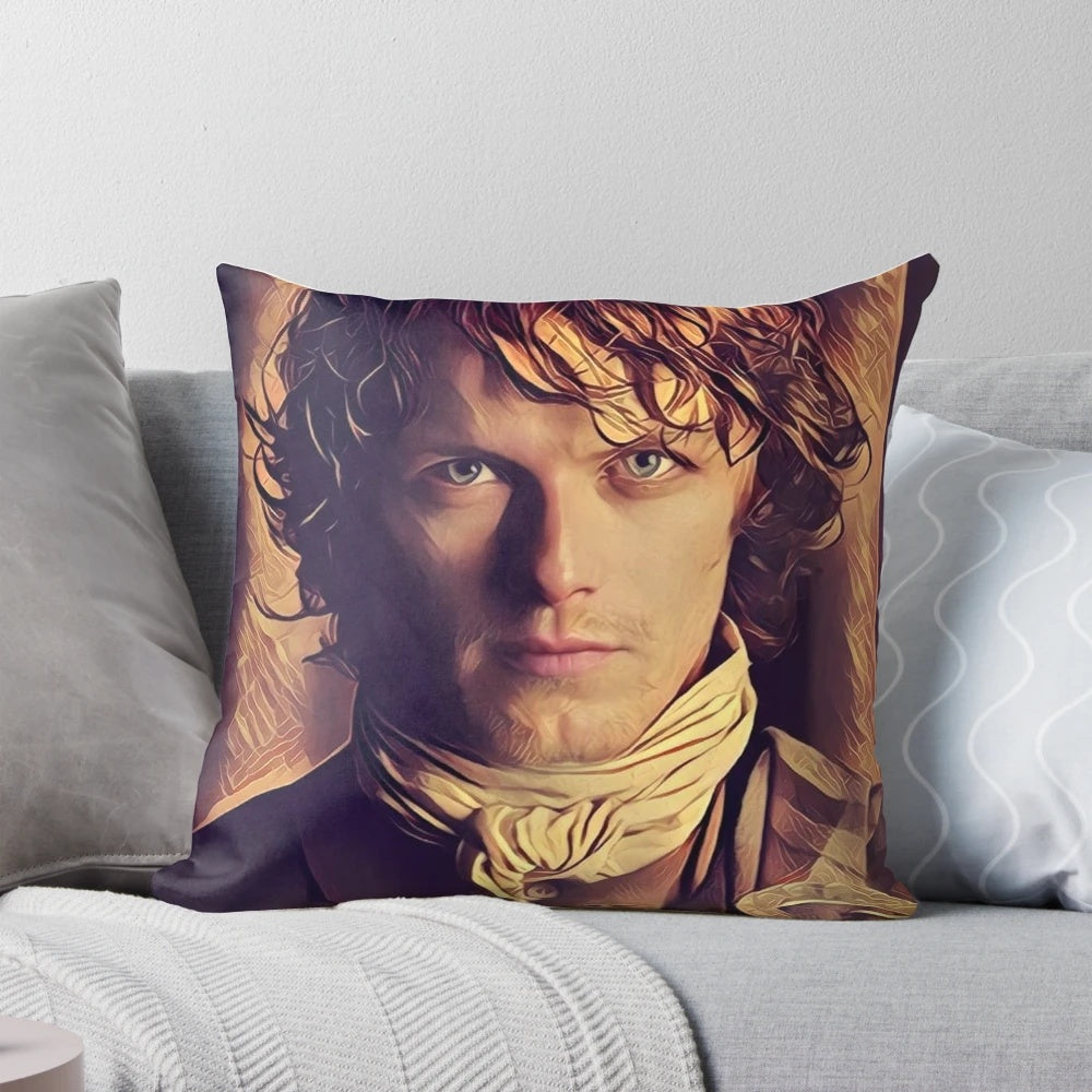Outlander-themed throw pillow featuring a portrait of Jamie Fraser, the iconic character from the Starz TV series.