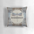 Outlander-inspired pillow featuring the Fraser tartan pattern and a dragonfly and thistle design