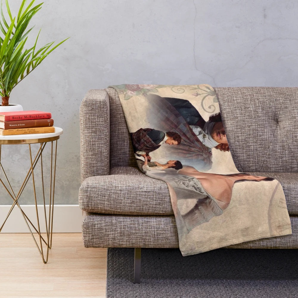 Outlander-inspired plush blanket featuring Jamie and Claire Fraser