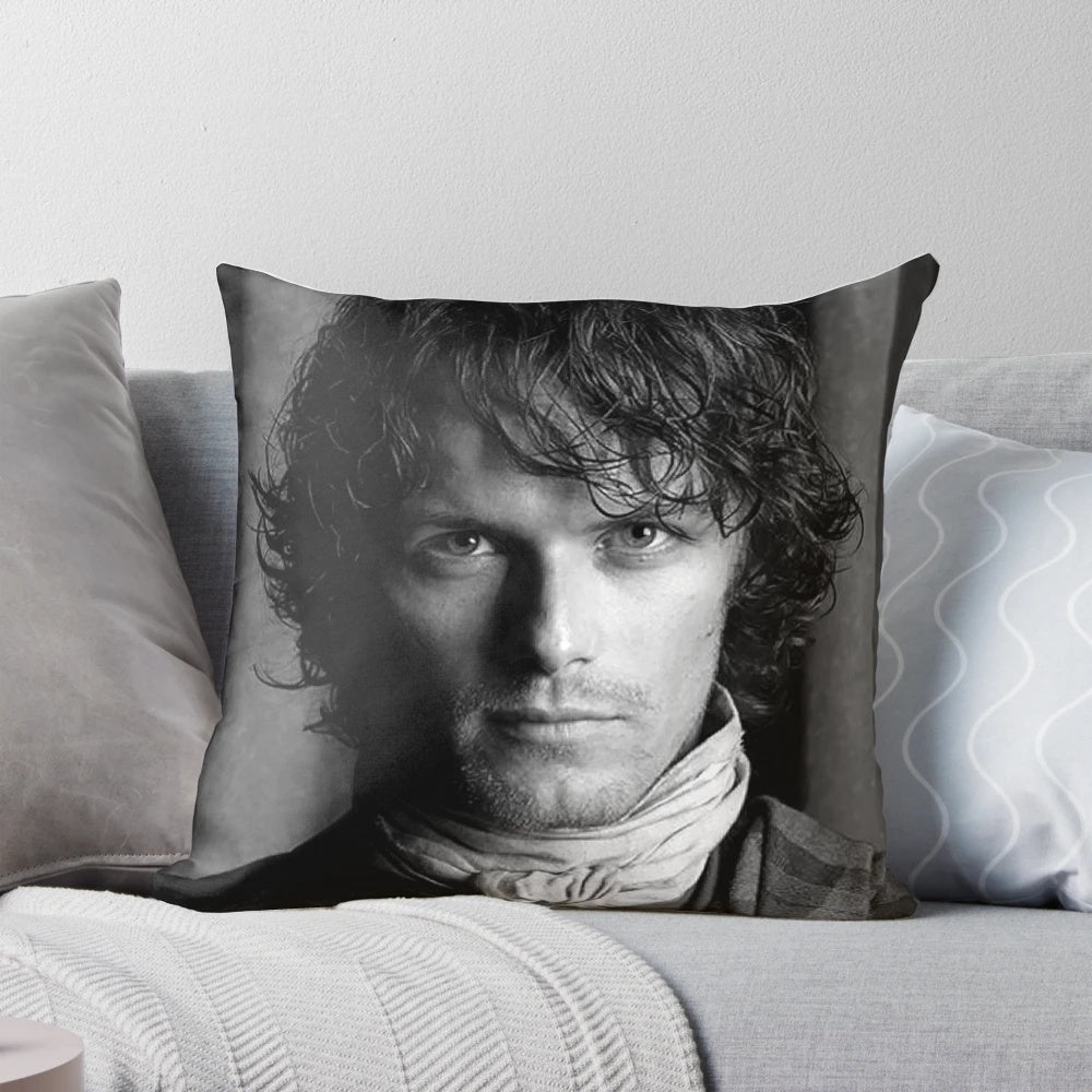 Outlander inspired Jamie Fraser pillow featuring the beloved character from the popular TV series.