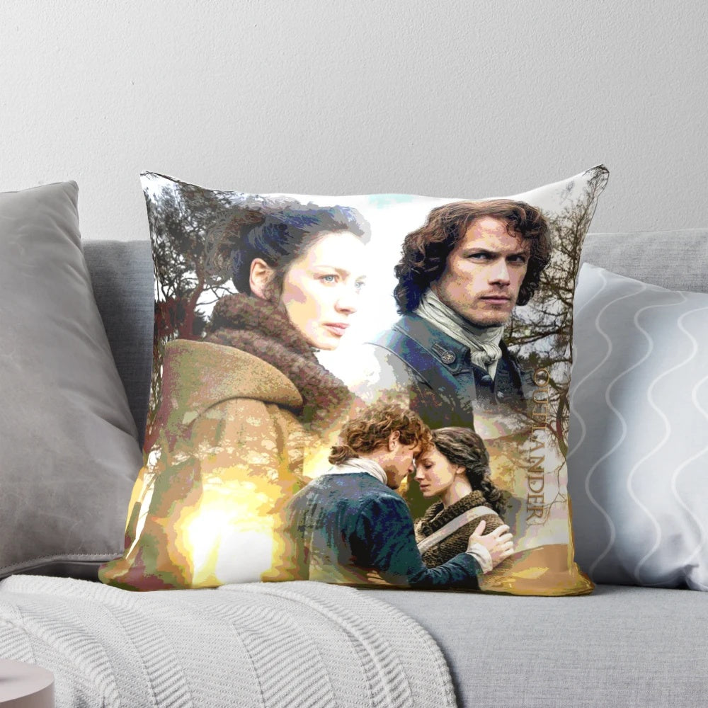 Outlander-inspired pillow featuring Jamie and Claire Fraser, the central couple from the beloved book and TV series.