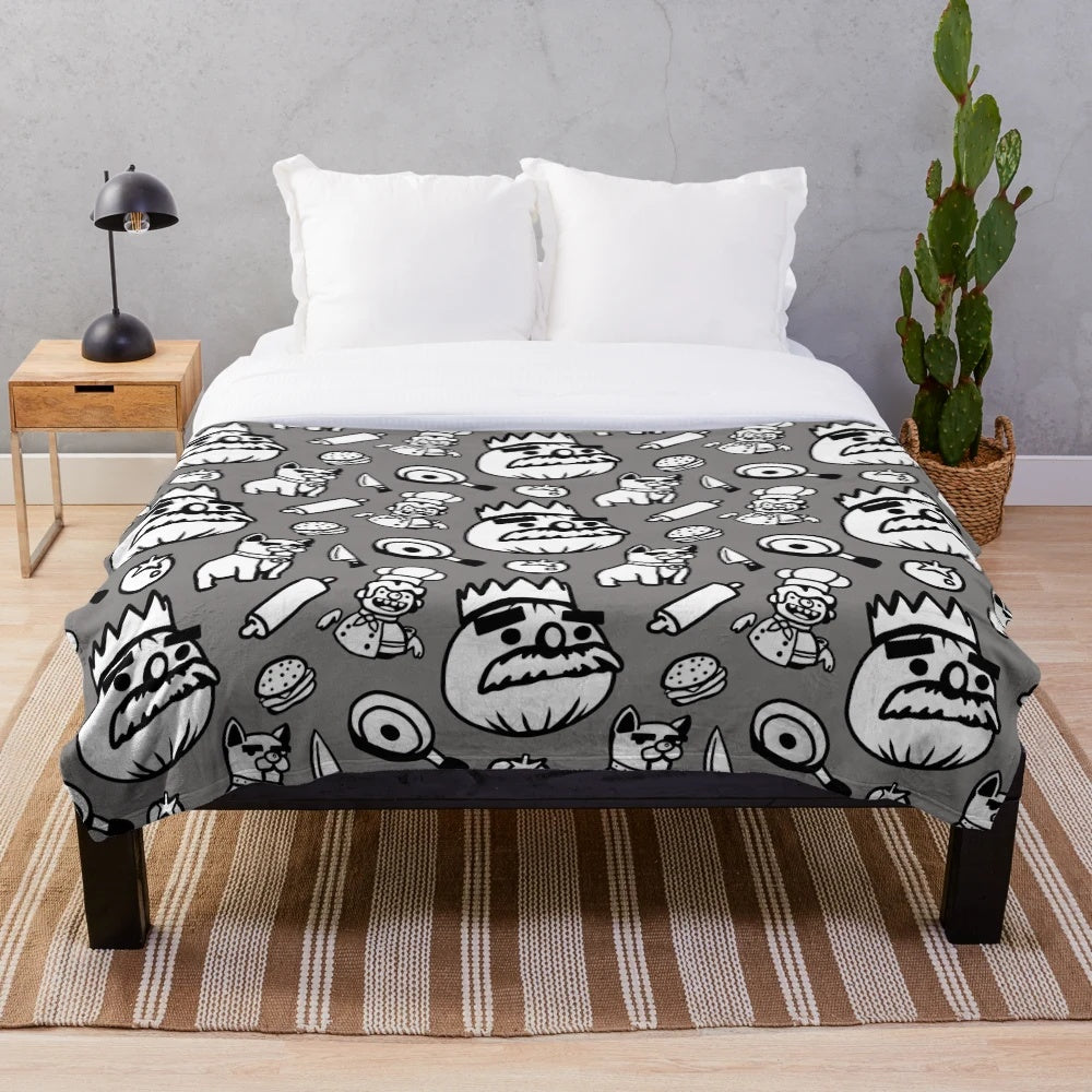 Overcooked-inspired pattern plush blanket with cooking and gaming elements