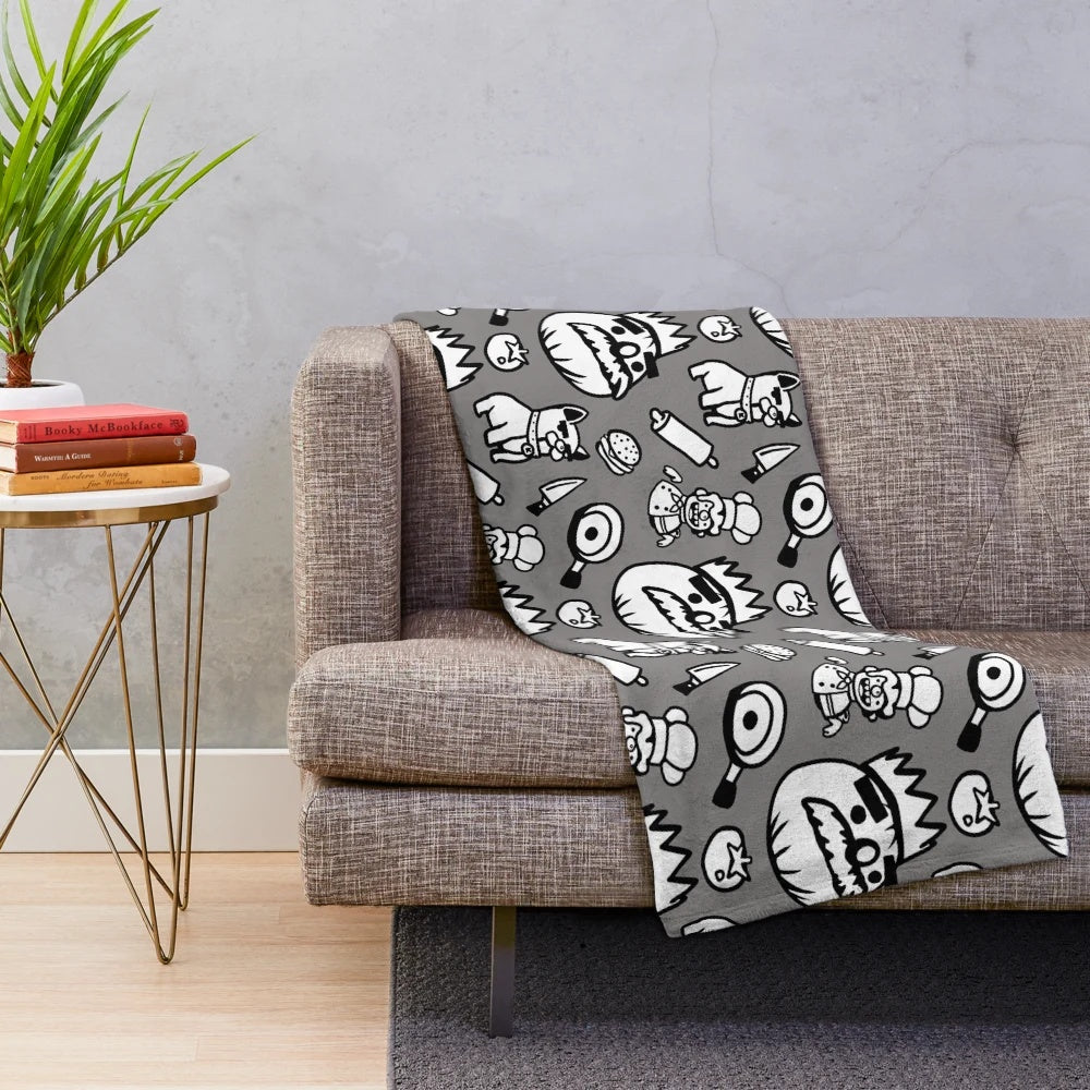 Overcooked-inspired pattern plush blanket with cooking and gaming elements