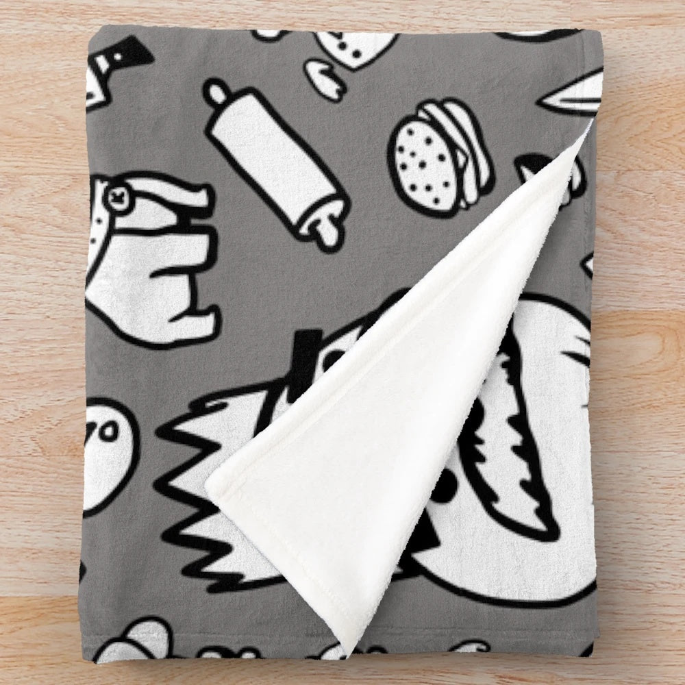 Overcooked-inspired pattern plush blanket with cooking and gaming elements