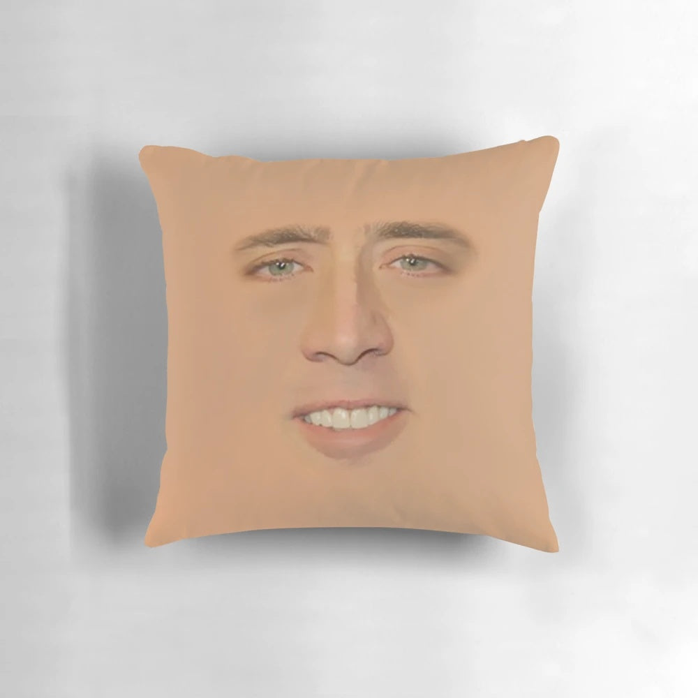 Oversized Nicolas Cage face graphic printed on a large, plush pillow