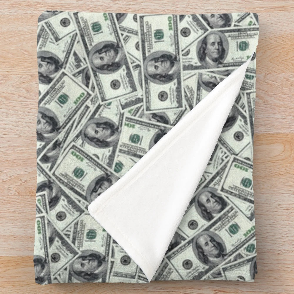 Oversized plush blanket with a vibrant money background design