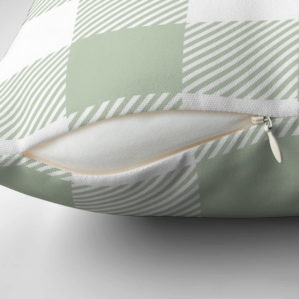 Sage green and white buffalo plaid pattern all over large, oversized pillow