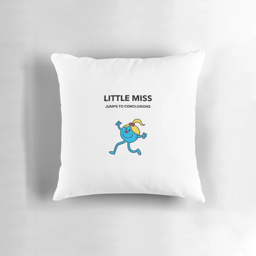 A decorative pillow with the text "Little Miss Jumps to Conclusions" printed on it, designed to appeal to overthinkers and those struggling with anxiety.