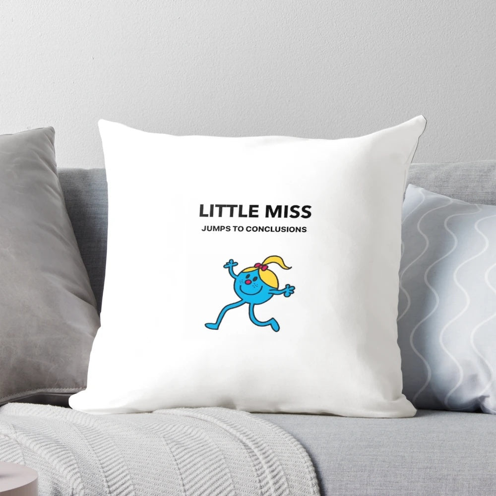A decorative pillow with the text "Little Miss Jumps to Conclusions" printed on it, designed to appeal to overthinkers and those struggling with anxiety.