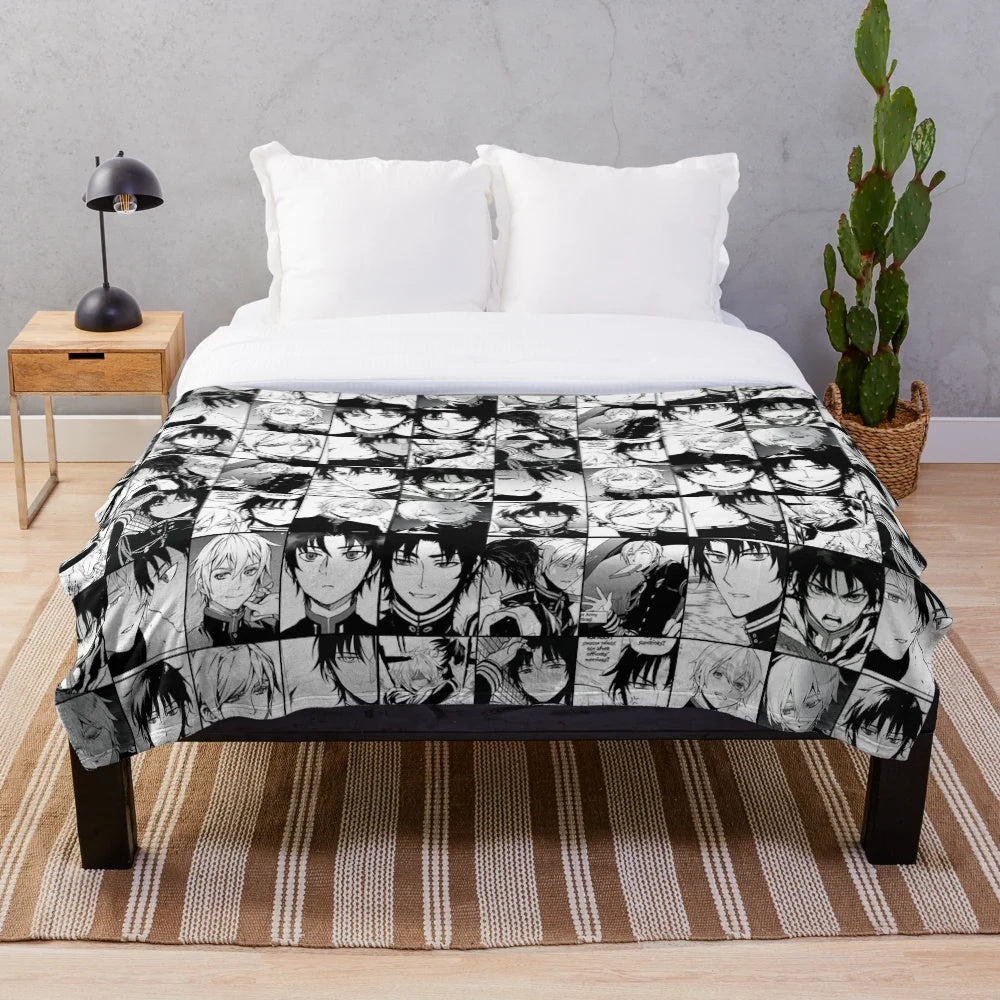 Owari no Seraph inspired plush blanket featuring a collage of characters Shinya Hiragi and Guren Ichinose