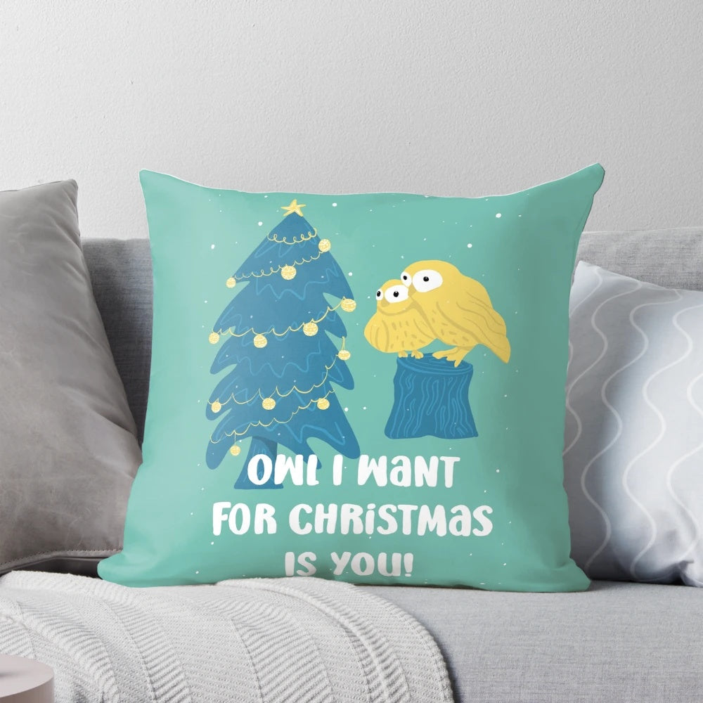 Decorative pillow featuring a cute, whimsical owl design perfect for the holiday season.