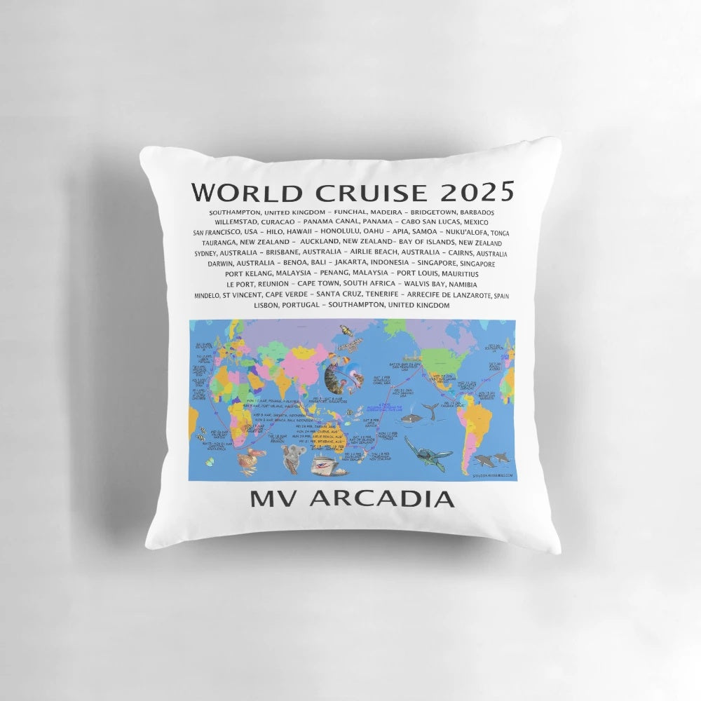 Detailed map of the P&O 2025 world cruise itinerary on the Arcadia ship