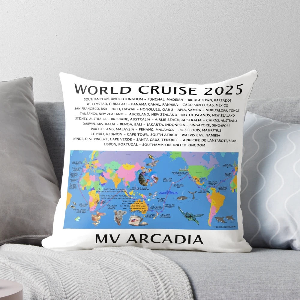 Detailed map of the P&O 2025 world cruise itinerary on the Arcadia ship