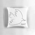 A modern and minimalist pillow design featuring a dove of peace in a line art style, inspired by the work of Pablo Picasso.