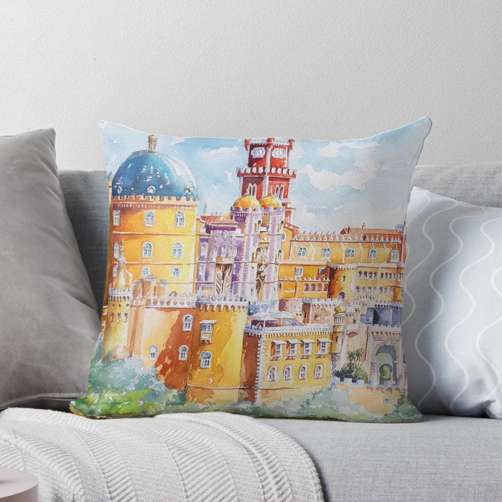 Palacio da Pena Sintra Portugal UNESCO Heritage Watercolor Painting Pillow