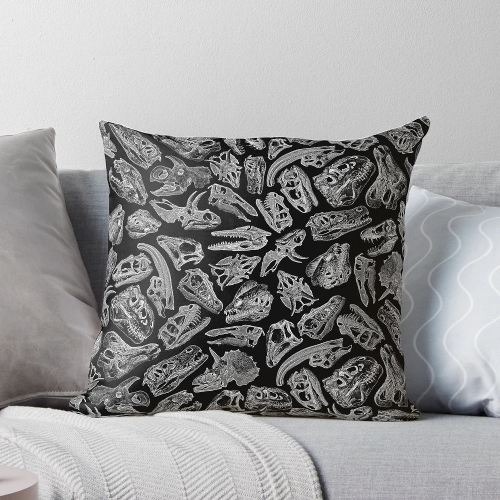 Paleontology Dream Fossil and Dinosaur Pillow featuring realistic bone, skull, and dinosaur designs