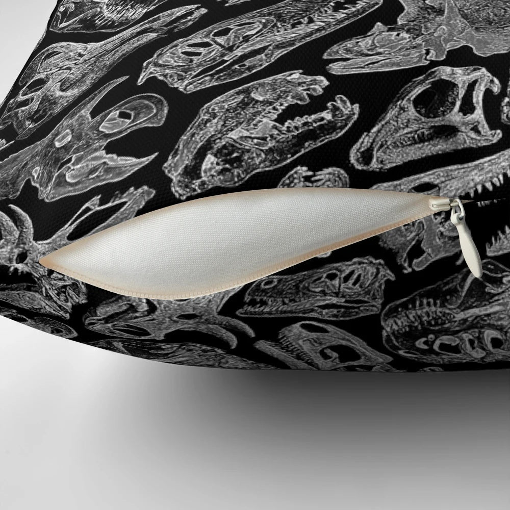 Paleontology Dream Fossil and Dinosaur Pillow featuring realistic bone, skull, and dinosaur designs