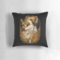 Pallas Athena Greek Goddess decorative throw pillow with art nouveau and mythology inspired design in gold and black.