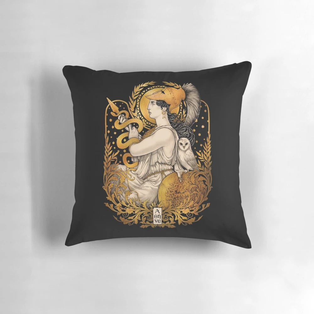 Pallas Athena Greek Goddess decorative throw pillow with art nouveau and mythology inspired design in gold and black.