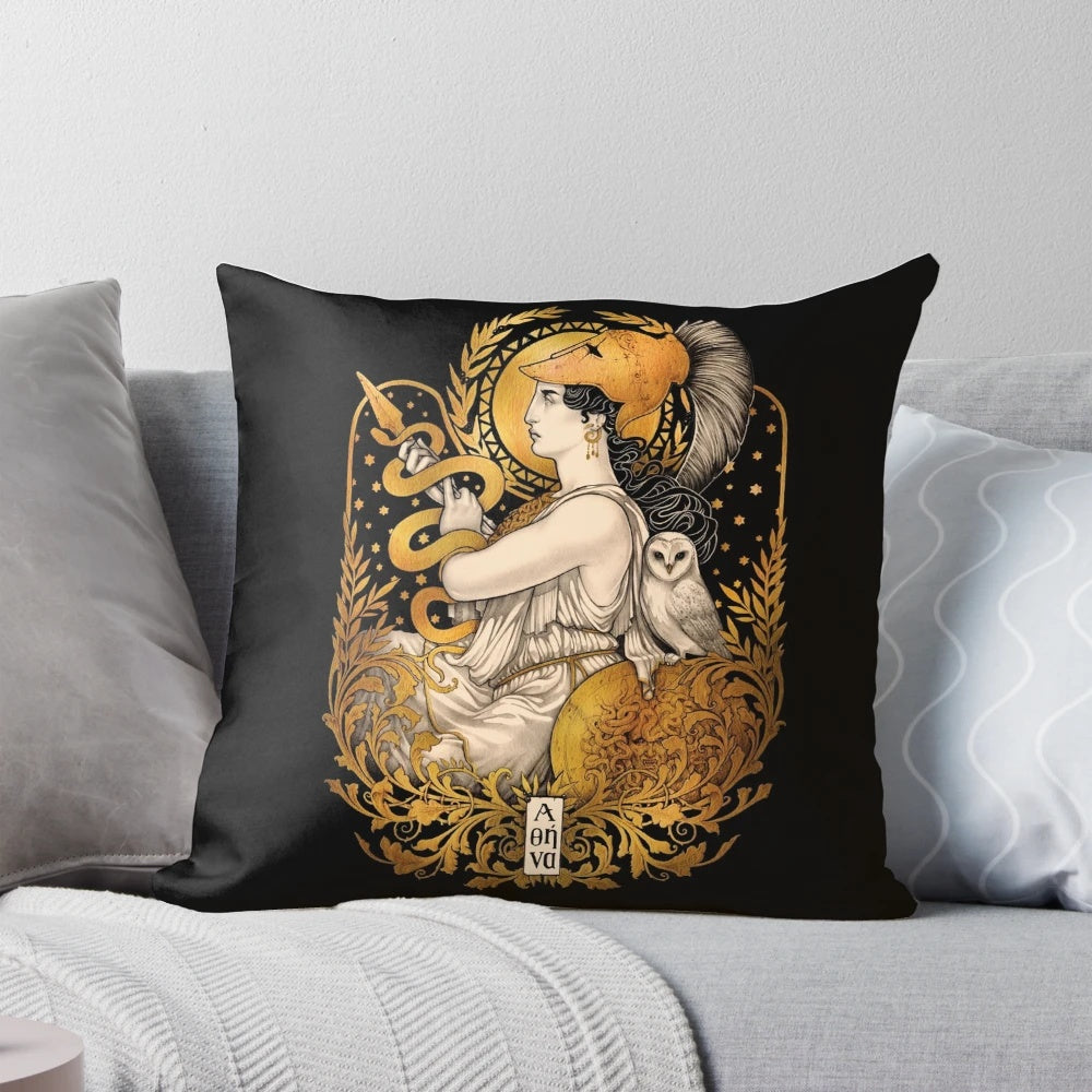 Pallas Athena Greek Goddess decorative throw pillow with art nouveau and mythology inspired design in gold and black.