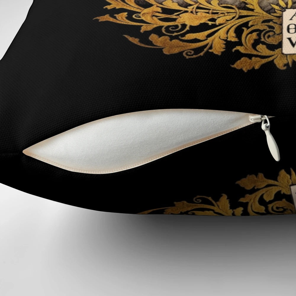 Pallas Athena Greek Goddess decorative throw pillow with art nouveau and mythology inspired design in gold and black.