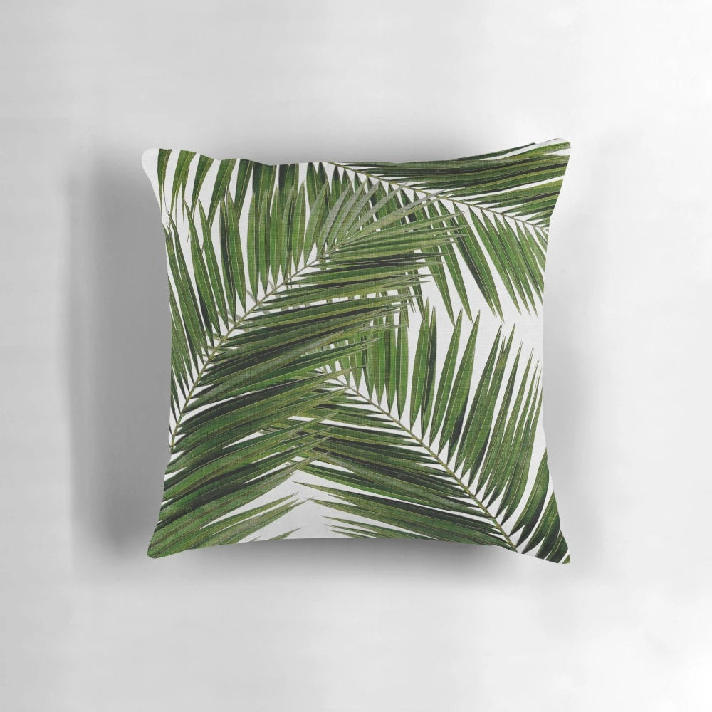 Palm leaf botanical wall art with dark green watercolor leaves in a modern, urban style