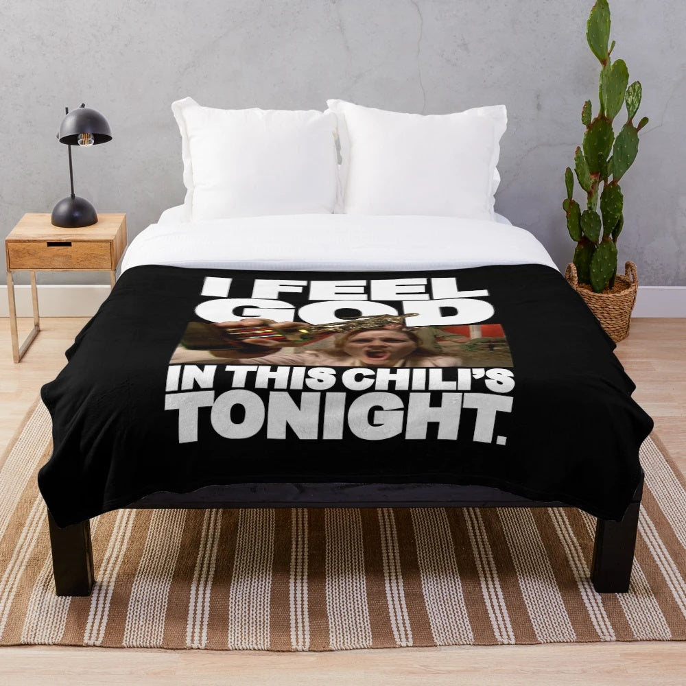 Pam Beesly inspired plush blanket with "I Feel God in This Chili's Tonight" quote from The Office