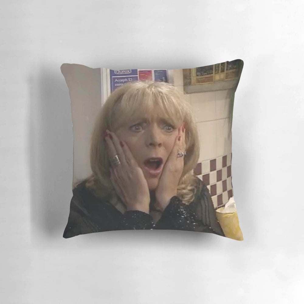 Pam from Gavin and Stacey character illustrated on a plush pillow