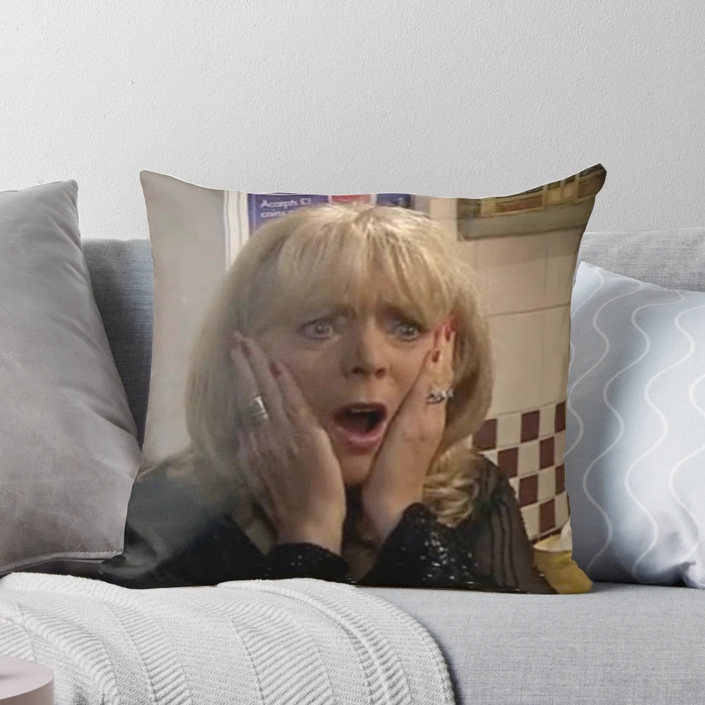 Pam from Gavin and Stacey character illustrated on a plush pillow