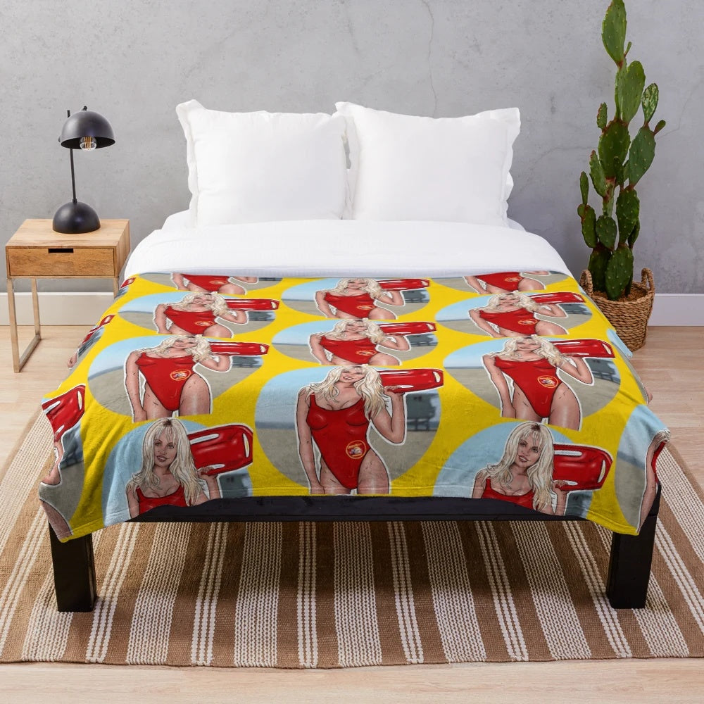 Pamela Anderson Baywatch Inspired Plush Blanket with Pop Culture Icon Imagery
