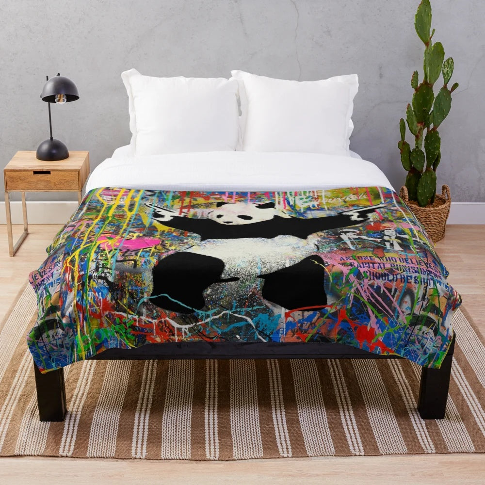 Panda pop art plush blanket with colorful graffiti-style design