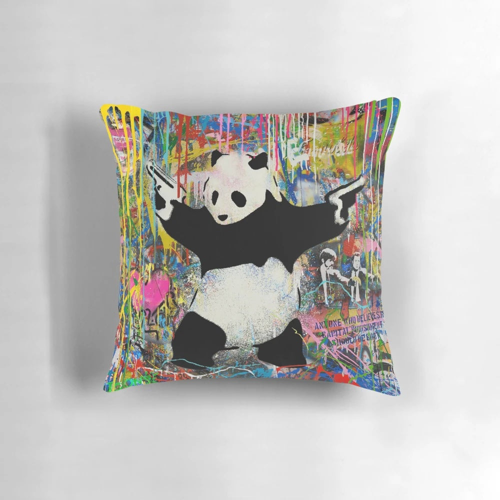 Panda with Guns Pop Art Pillow featuring a colorful, graffiti-style design inspired by the work of Banksy.
