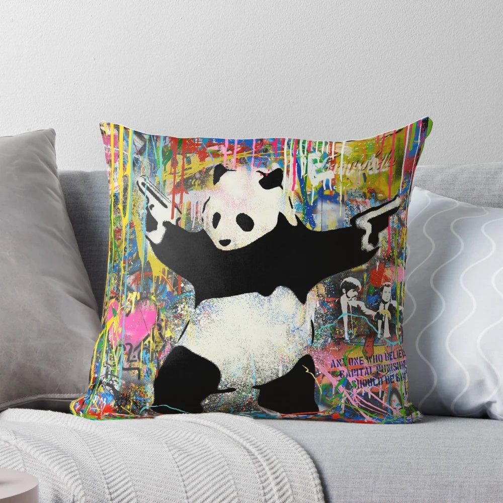 Panda with Guns Pop Art Pillow featuring a colorful, graffiti-style design inspired by the work of Banksy.
