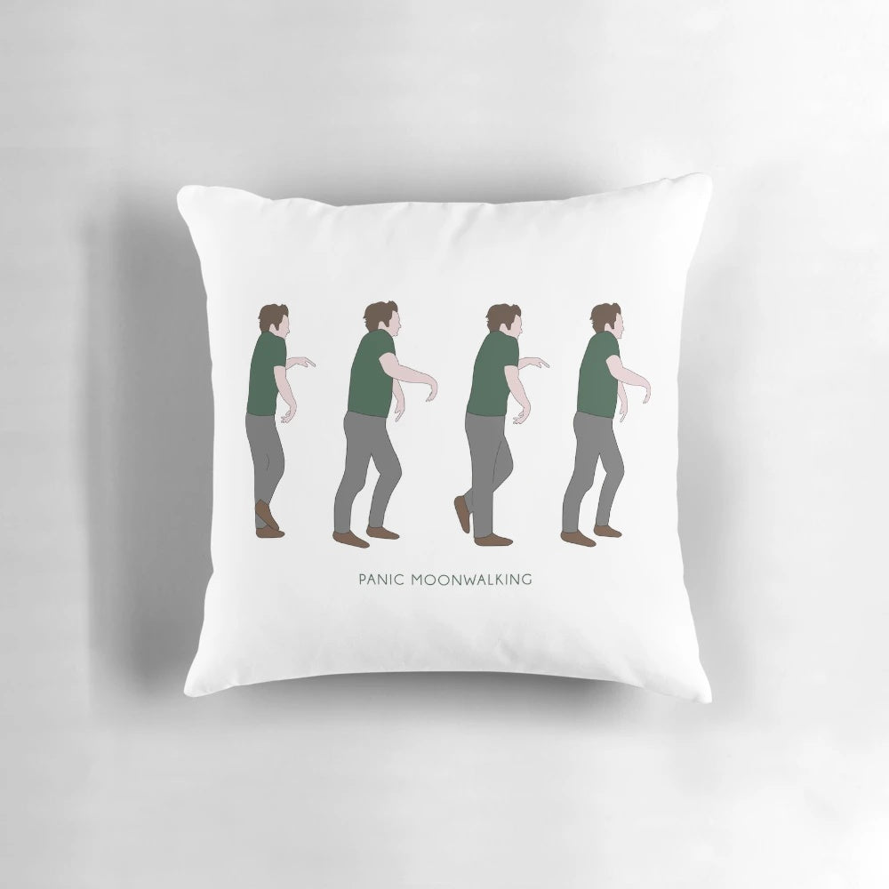 "New Girl panic moonwalking pillow featuring Nick Miller's famous dance move"