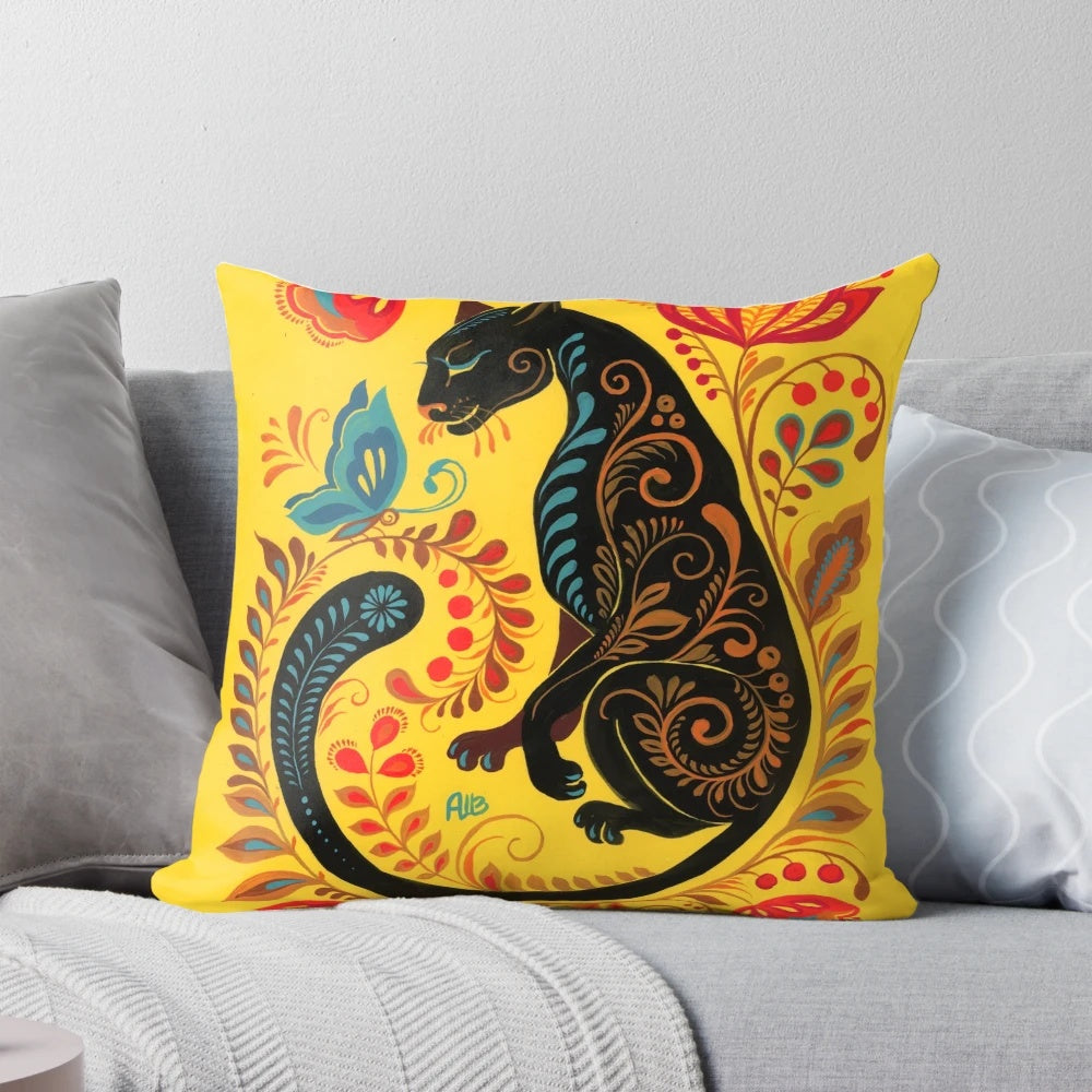 Colorful throw pillow featuring a panther and butterfly in a folkart style design