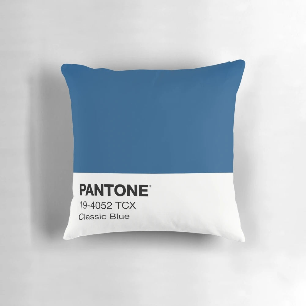Pantone classic blue minimalist pillow with pink letters and numbers