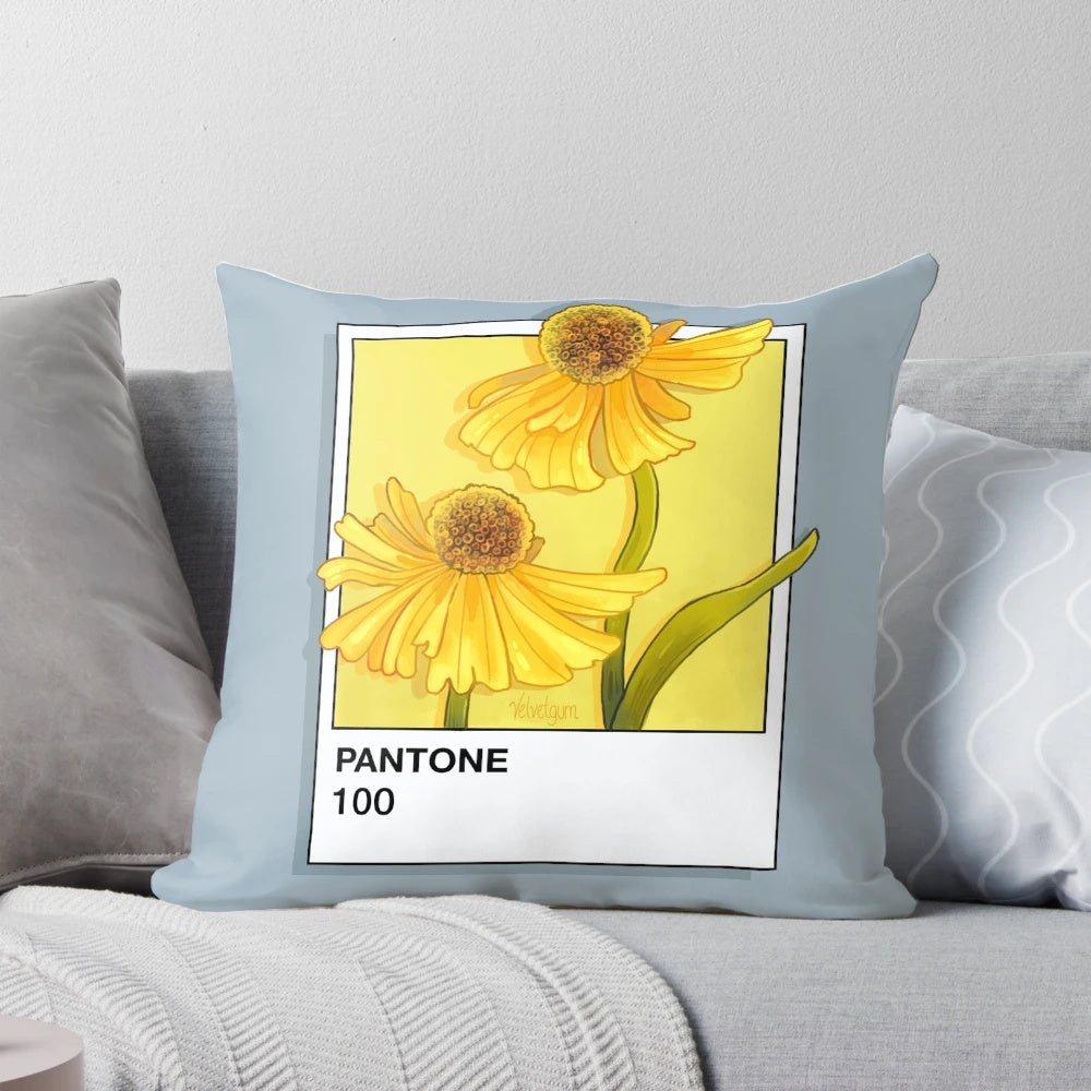 Pantone Helenium Flower Aesthetic Decorative Pillow featuring a botanical print design with yellow flowers