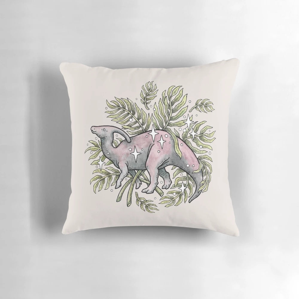 Parasaurolophus dinosaur silhouette with tropical palm leaves, botanical watercolor art design printed on a throw pillow.