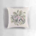Parasaurolophus dinosaur silhouette with tropical palm leaves, botanical watercolor art design printed on a throw pillow.