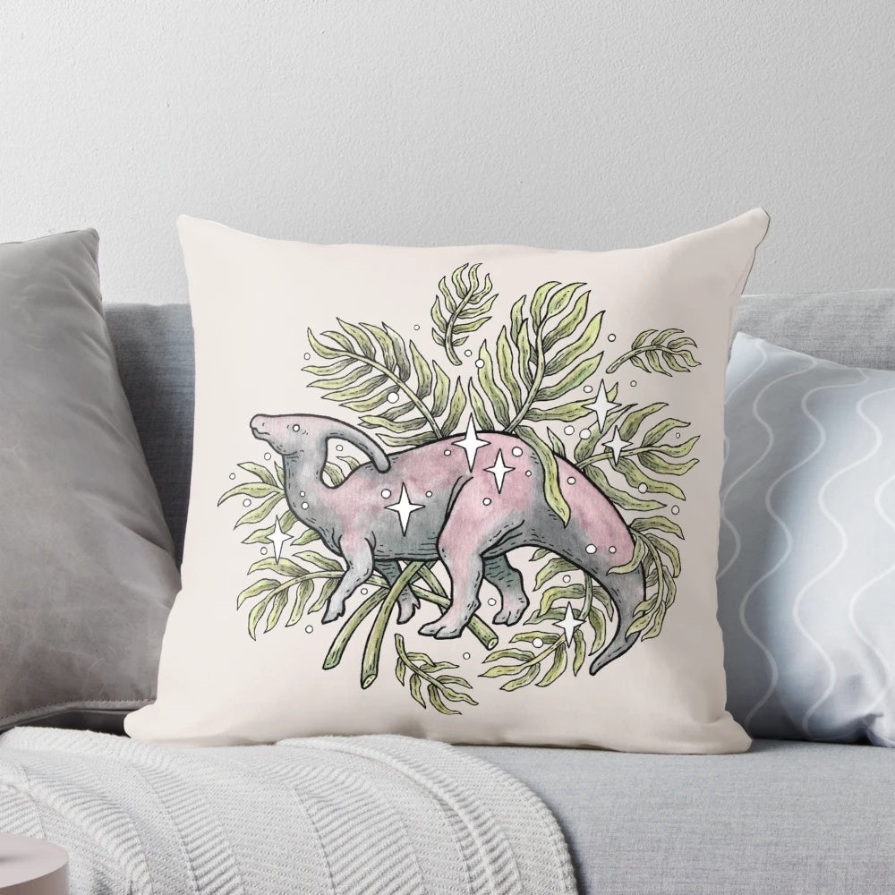Parasaurolophus dinosaur silhouette with tropical palm leaves, botanical watercolor art design printed on a throw pillow.