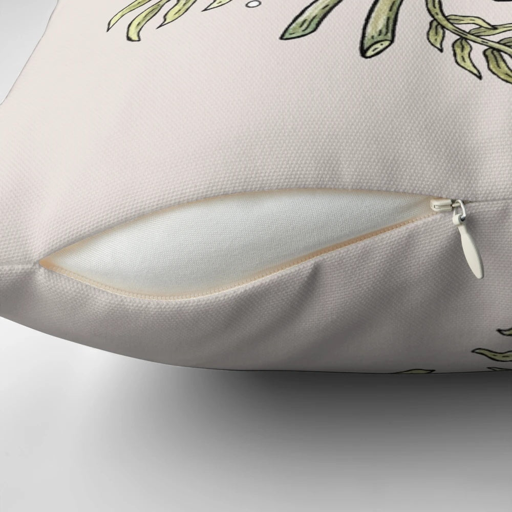 Parasaurolophus dinosaur silhouette with tropical palm leaves, botanical watercolor art design printed on a throw pillow.