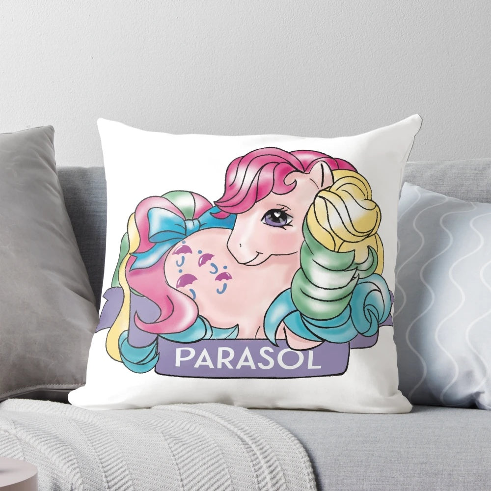 Soft, plush parasol pony pillow in pastel colors with a dreamy, fantasy design