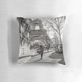 Black and white pillow with a Parisian-inspired Eiffel Tower design
