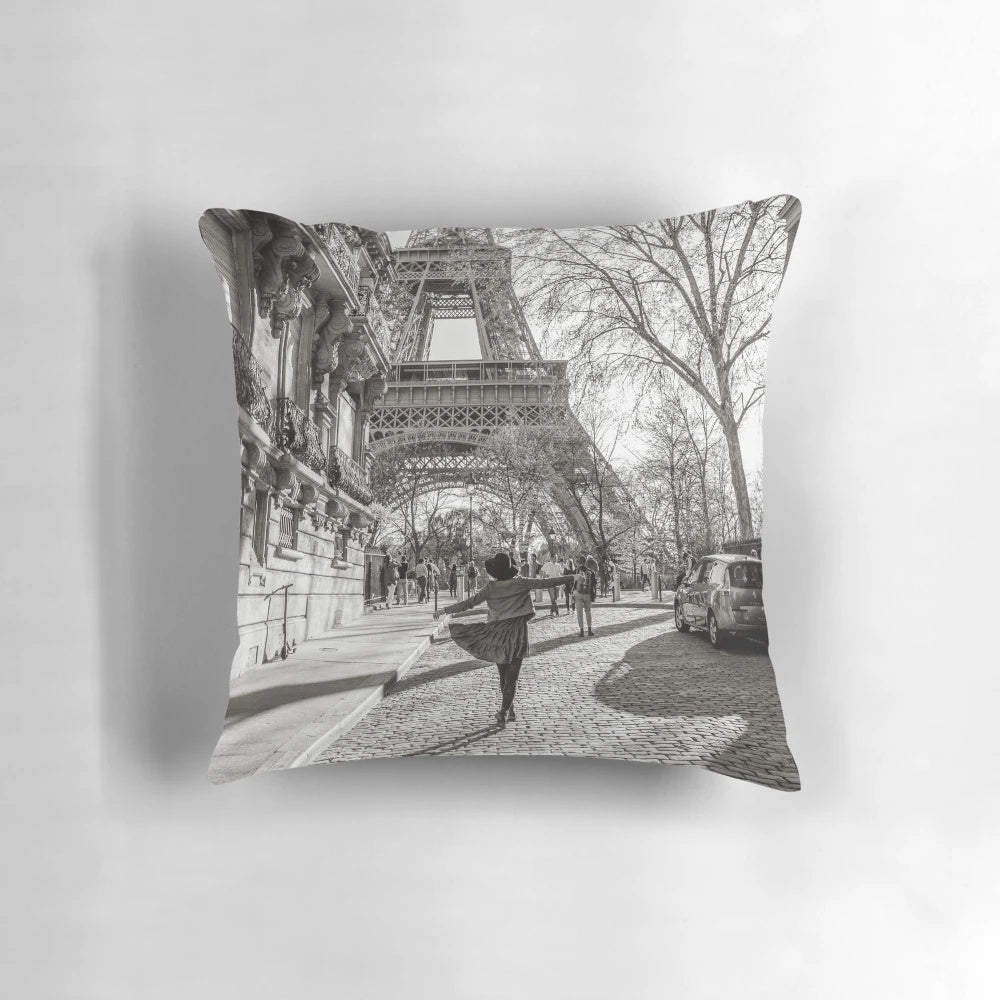 Black and white pillow with a Parisian-inspired Eiffel Tower design