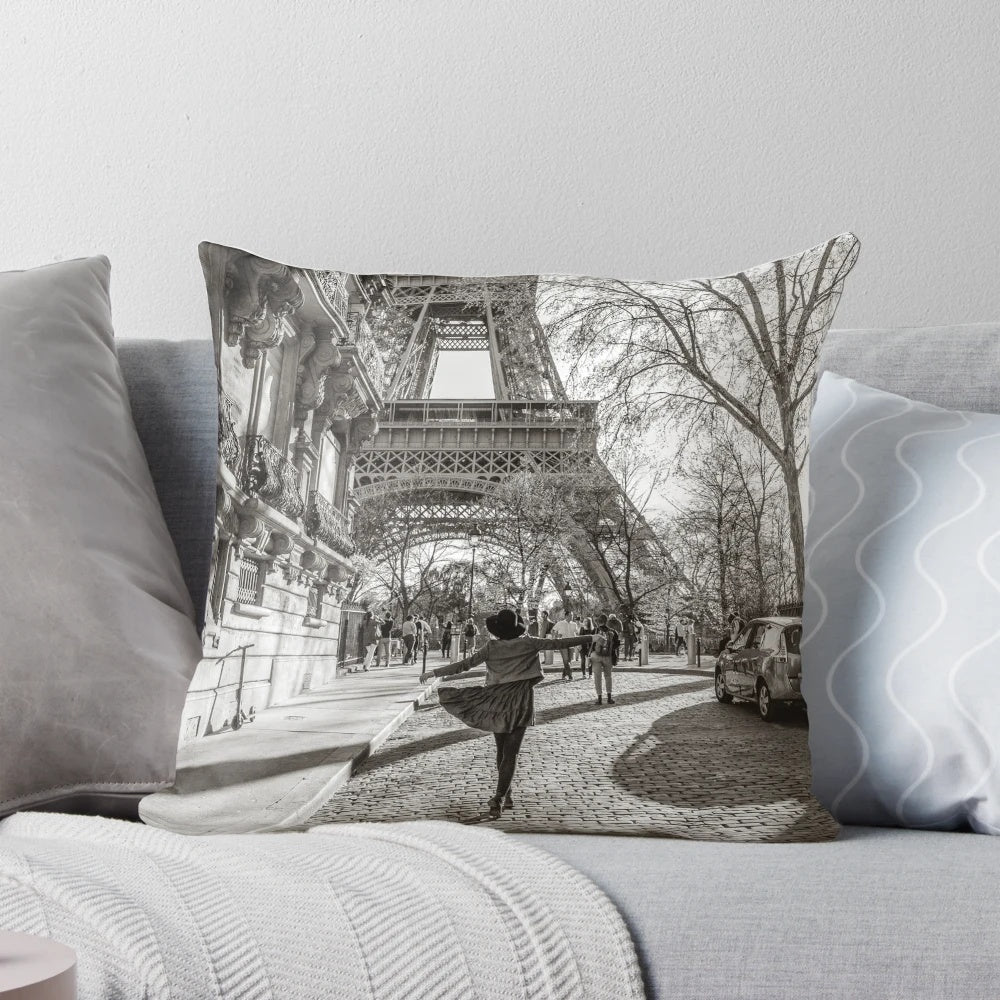 Black and white pillow with a Parisian-inspired Eiffel Tower design