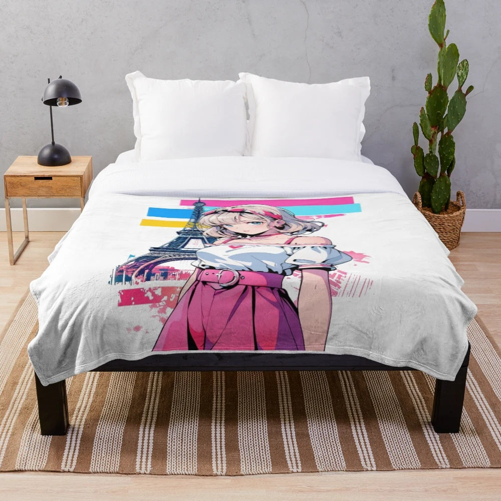Parisian girl with Eiffel Tower plush blanket