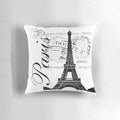 Vintage-style Eiffel Tower pillow with a distressed, Parisian-inspired design in black and white.